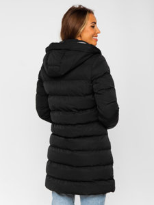 Bolf Damen Lange Winter Steppjacke mit Kapuze Schwarz  7081