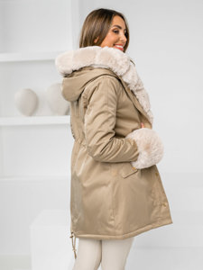 Bolf Damen Lange Winterjacke Parka mit Kapuze Beige  B553