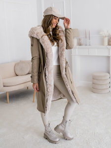 Bolf Damen Lange Winterjacke Parka mit Kapuze Beige  B557