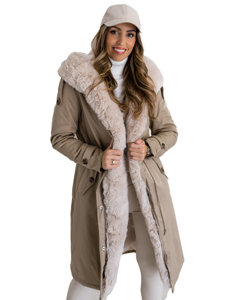 Bolf Damen Lange Winterjacke Parka mit Kapuze Beige  B557