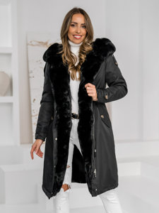 Bolf Damen Lange Winterjacke Parka mit Kapuze Schwarz  B557