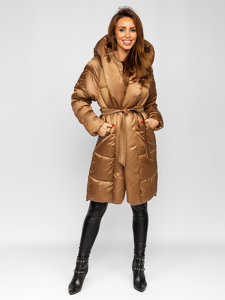 Bolf Damen Lange Winterjacke mit Kapuze Camel  MY0363A