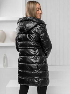 Bolf Damen Lange Zweiseitige Gepolsterte Winterjacke Mantel mit Kapuze Schwarz  B8070