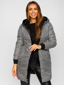 Bolf Damen Lange Zweiseitige Gepolsterte Winterjacke Mantel mit Kapuze Schwarz  B8070