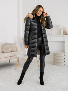 Bolf Damen Lange Zweiseitige Gepolsterte Winterjacke Mantel mit Kapuze Schwarz  B8202