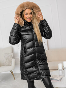 Bolf Damen Lange Zweiseitige Gepolsterte Winterjacke Mantel mit Kapuze Schwarz  B8202