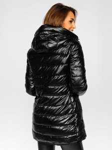 Bolf Damen Lange Zweiseitige Gepolsterte Winterjacke mit Kapuze Schwarz  P6630