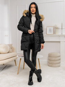 Bolf Damen Winterjacke mit Kapuze Schwarz-Braun 16M9099