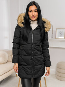 Bolf Damen Winterjacke mit Kapuze Schwarz-Braun 16M9099