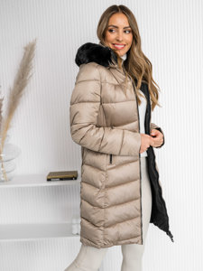 Bolf Damen Zweiseitige Lange Gepolsterte Winterjacke Mantel mit Kapuze Beige  B8202