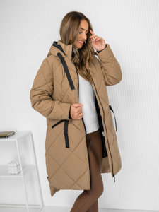 Bolf DamenLange Gepolsterte Winterjacke Mantelmit Kapuze Camel  5M3168