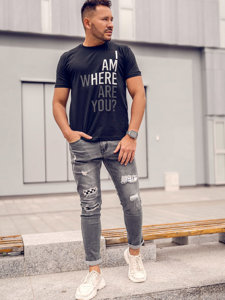 Bolf Herren Baumwoll T-Shirt mit Motiv Schwarz 0404TA