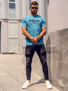 Bolf Herren Baumwoll T-Shirt mit Motiv Türkis  14717