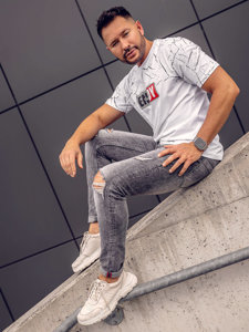 Bolf Herren Baumwoll T-Shirt mit Motiv Weiß 147737A