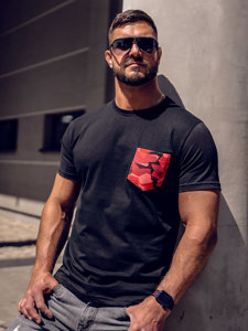 Bolf Herren Baumwoll T-Shirt mit Motiv mit Tasche Camo Schwarz-Rot 14507A