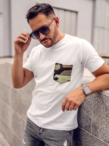 Bolf Herren Baumwoll T-Shirt mit Motiv und mit Brusttasche Camo Weiß  14507A