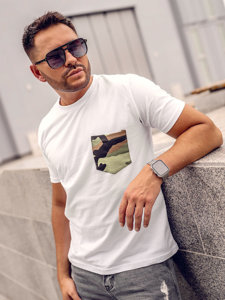 Bolf Herren Baumwoll T-Shirt mit Motiv und mit Brusttasche Camo Weiß  14507A