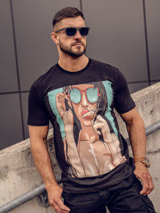 Bolf Herren Baumwoll T-Shirt mit Print Schwarz  143019A