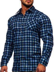 Bolf Herren Flanellhemd Kariert Langarm Blau-Gelb  F4