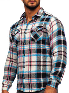 Bolf Herren Flanellhemd Kariert Langarm Blau-Rosa 22704