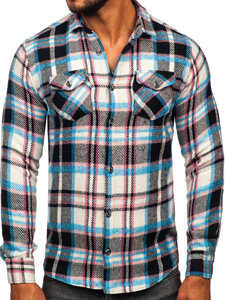 Bolf Herren Flanellhemd Kariert Langarm Blau-Rosa 22704