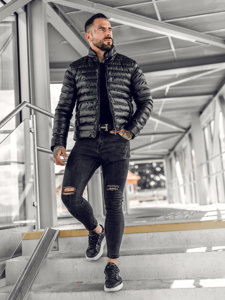 Bolf Herren Gepolsterte Kunstlederjacke Schwarz  0021B