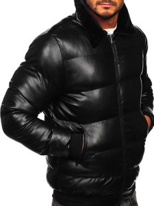 Bolf Herren Gepolsterte Winterjacke aus Ökoleder Schwarz  0022