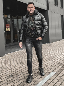 Bolf Herren Gepolsterte Winterjacke aus Ökoleder Schwarz  0022