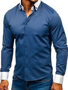 Bolf Herren Hemd Elegant Gestreift Langarm Dunkelblau 0909-A