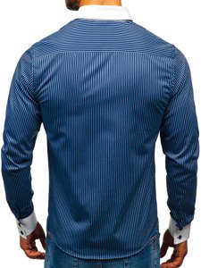 Bolf Herren Hemd Elegant Gestreift Langarm Dunkelblau 0909-A