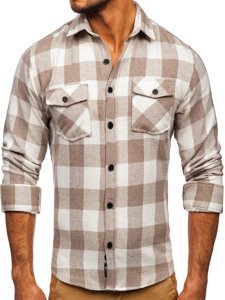 Bolf Herren Hemd Flanellhemd Langarm Beige 20723