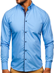 Bolf Herren Hemd Langarm Elegant Azurblau  7724-1