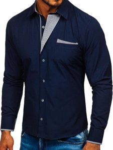 Bolf Herren Hemd Langarm Elegant Dunkelblau 4713