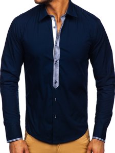 Bolf Herren Hemd Langarm Elegant Dunkelblau  6873