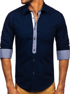 Bolf Herren Hemd Langarm Elegant Dunkelblau  6873