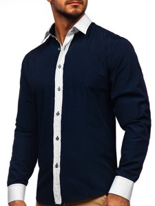 Bolf Herren Hemd Langarm Elegant Dunkelblau 6882