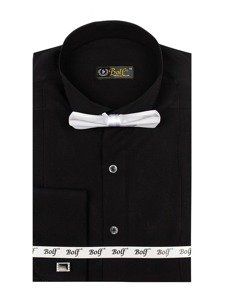 Bolf Herren Hemd Langarm Elegant Schwarz + Fliege + Manschettenknöpfe 4702 