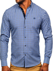 Bolf Herren Hemd Langarm Elegant Vichy Kariert Dunkelblau  4712