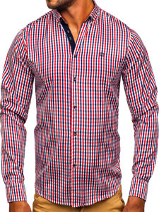 Bolf Herren Hemd Langarm Elegant Vichy Kariert Rot  4712