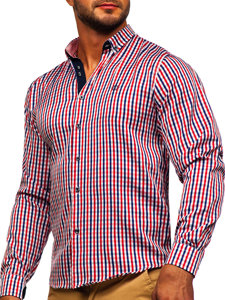 Bolf Herren Hemd Langarm Elegant Vichy Kariert Rot  4712