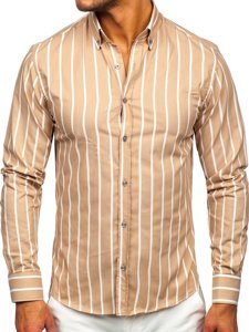 Bolf Herren Hemd Langarm Gestreift Beige  20730