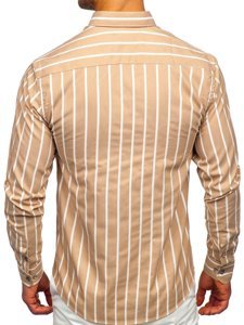 Bolf Herren Hemd Langarm Gestreift Beige  20730