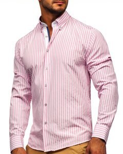 Bolf Herren Hemd Langarm Gestreift Rosa  20704