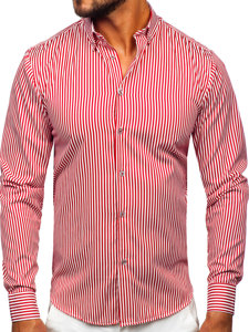 Bolf Herren Hemd Langarm Gestreift Rot 22731