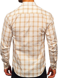 Bolf Herren Hemd Langarm Kariert Beige  22749