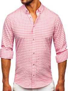 Bolf Herren Hemd Langarm Kariert Vichy Rosa 22747