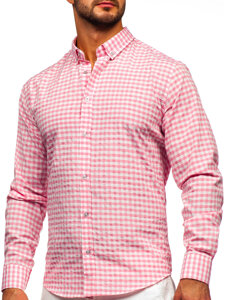 Bolf Herren Hemd Langarm Kariert Vichy Rosa 22747