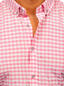 Bolf Herren Hemd Langarm Kariert Vichy Rosa 22747