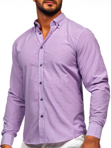 Bolf Herren Hemd Langarm Kariert Violett  22745