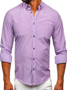 Bolf Herren Hemd Langarm Kariert Violett  22745